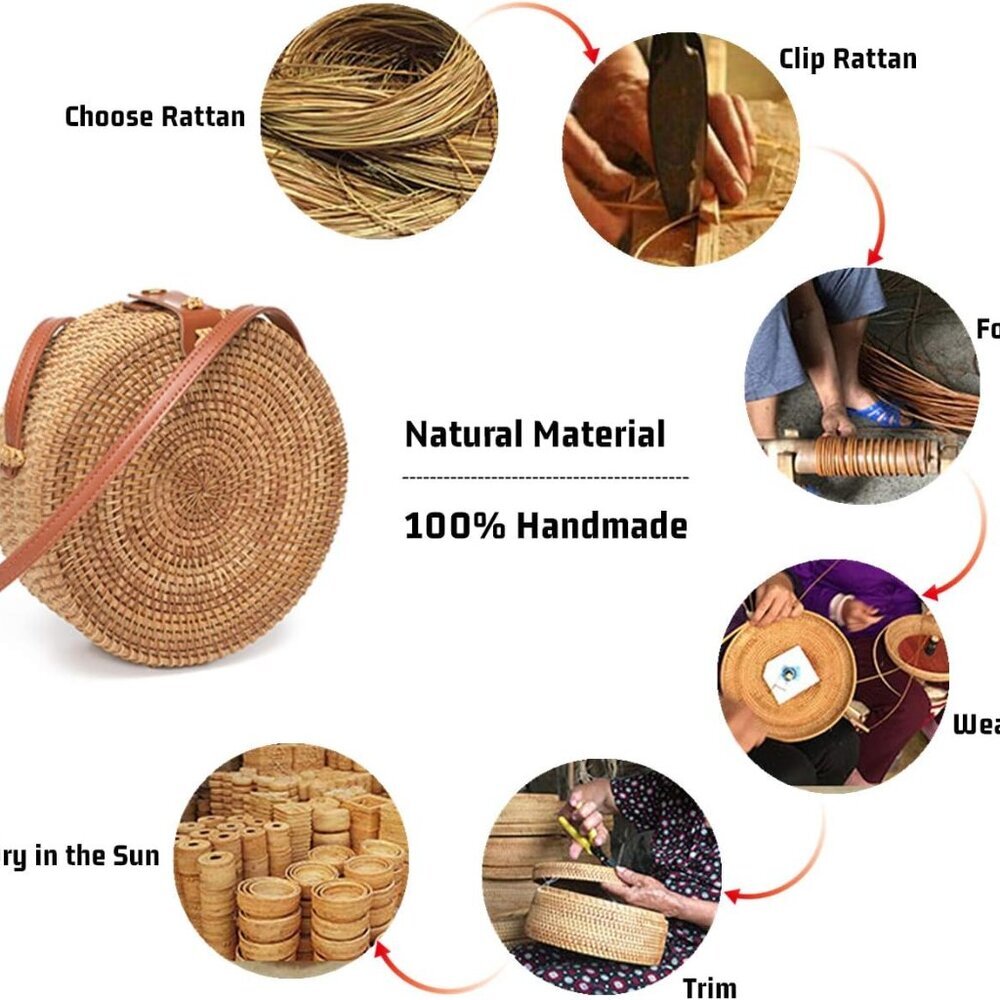Handwoven Round Rattan Bag for Women Bali Ata Straw Bags Adjustable Shoulder Lea - Picture 6 of 7